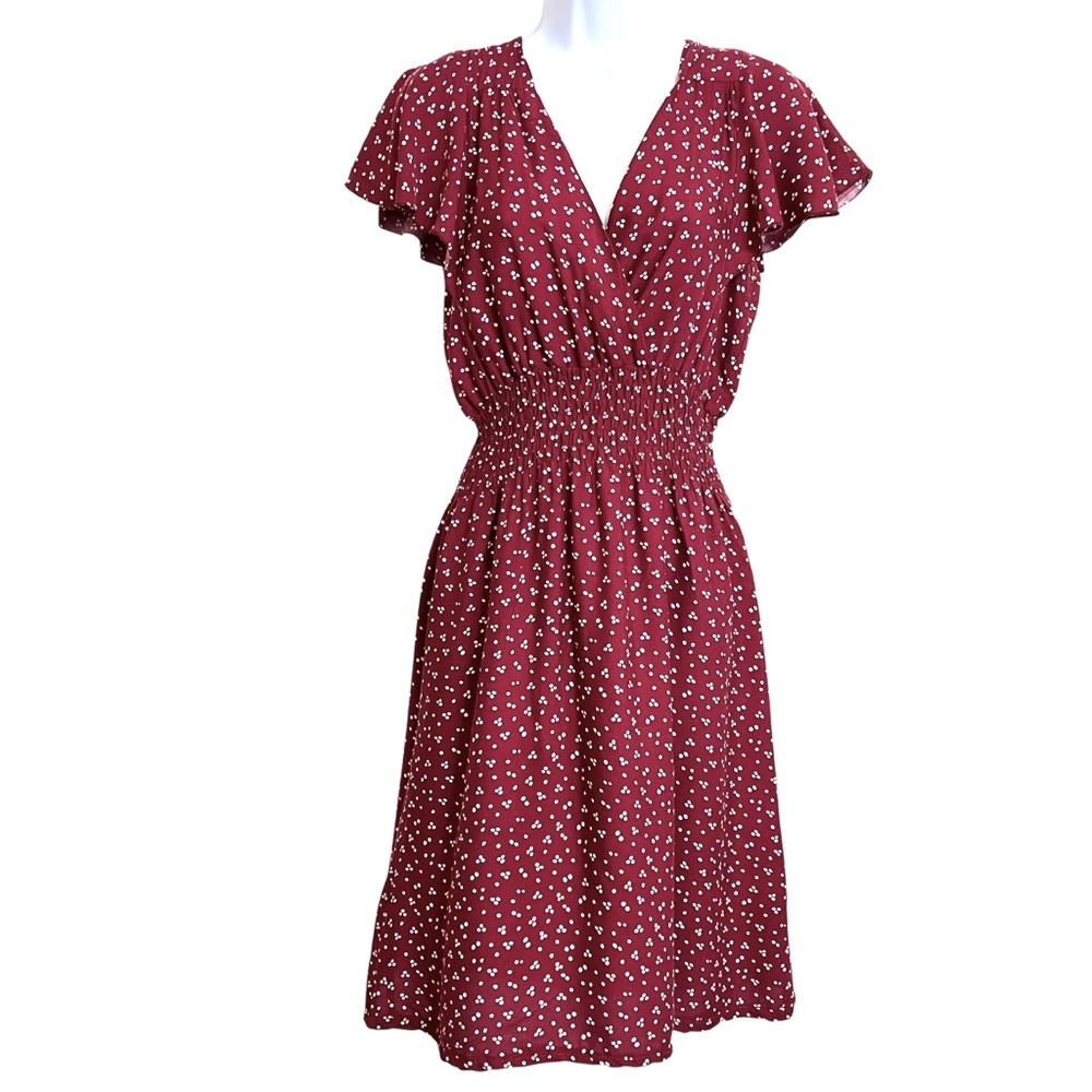 Kindred Boho Polka Dot Flutter Sleeve Dress S Burgundy Feminine Date Night Flowy